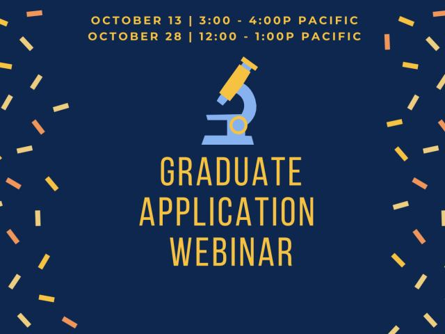 Navy graphic announcing Graduate Application Webinar, microscope icon, event times